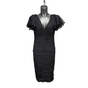 TADASHI SHOJI Black 100% Silk Ruched V-Neck Flutter Sleeve Midi Dress 10 Size L